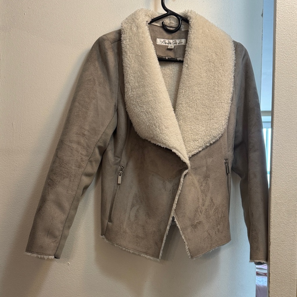 Kenneth Cole Faux Suede Shearling Jacket - Taupe/Off-White